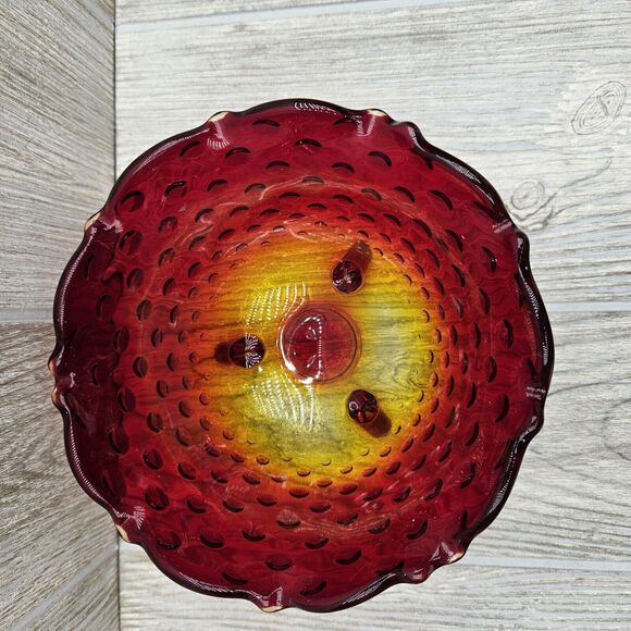 Vtg MCM Glass Amberina‎ Ruby Yellow Short 3 Footed Bowl Dish Hobnail Scalloped - Picture 2 of 9